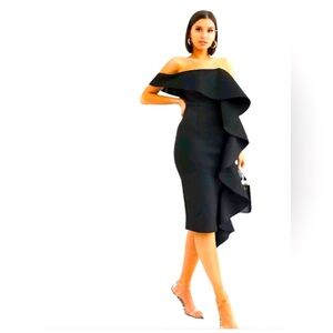 NWT Lavish Alice one shoulder bardot frill scuba midi dress in black Size 4
NWT